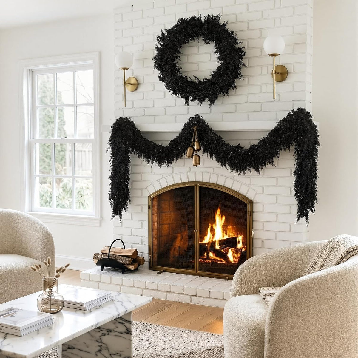 2PCS 9FT Halloween Cedar Garland, Black Real Touch Christmas Decorations