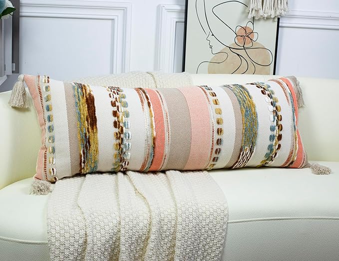 PANOD Boho Long Lumbar Throw Pillow Cover 16 x 36 Orange, Chenille Morocan - Image 2