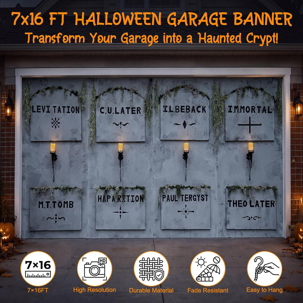 Halloween Garage 7x16 ft Door Cover Banner Large Halloween Hanging Backdrop D...