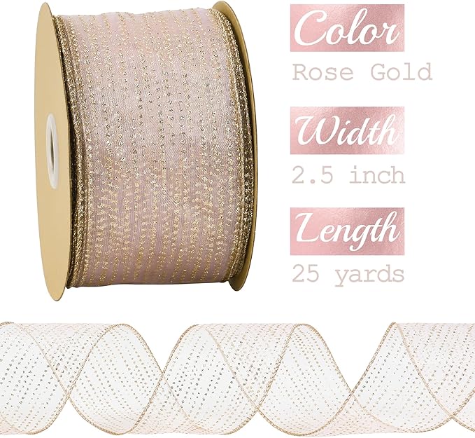 MEEDEE Rose Gold Sheer Glitter Wired Ribbon 2.5 Inch Horizontal Stripes Polka - Image 2