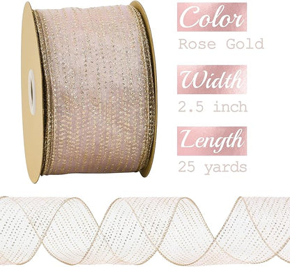 MEEDEE Rose Gold Sheer Glitter Wired Ribbon 2.5 Inch Horizontal Stripes Polka - Image 2