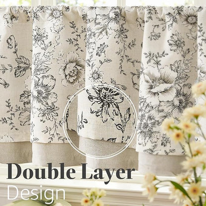 jinchan Linen Kitchen Curtain 24 Inch French Floral Double Layer Curtain - Image 7