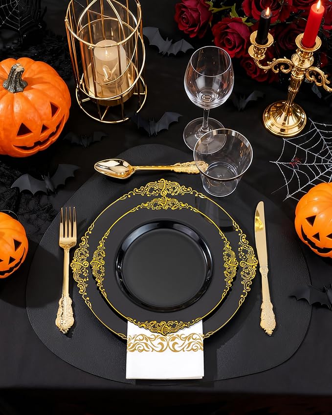 Nervure 350PCS Black Plastic Plates - Black Plastic Dinnerware Sets for 50 Guests - 100 Disposable Plates, 150 Gold Silverware, 50 Cups, 50 Napkins for Wedding & Party & Halloween
