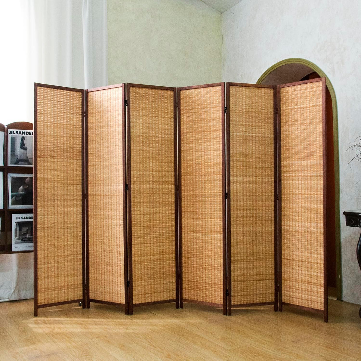 6 panel bamboo room divider screen,5.6 ft tall, close-up detail