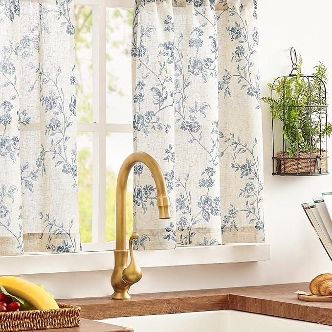 jinchan Floral Kitchen Curtains 24 Inch Linen Tier Curtains Farmhouse Cafe Half - Image 2