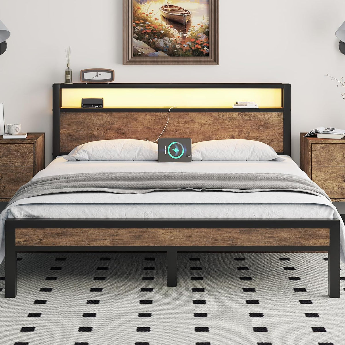 queen size bed frame with storage headboard and, main product view