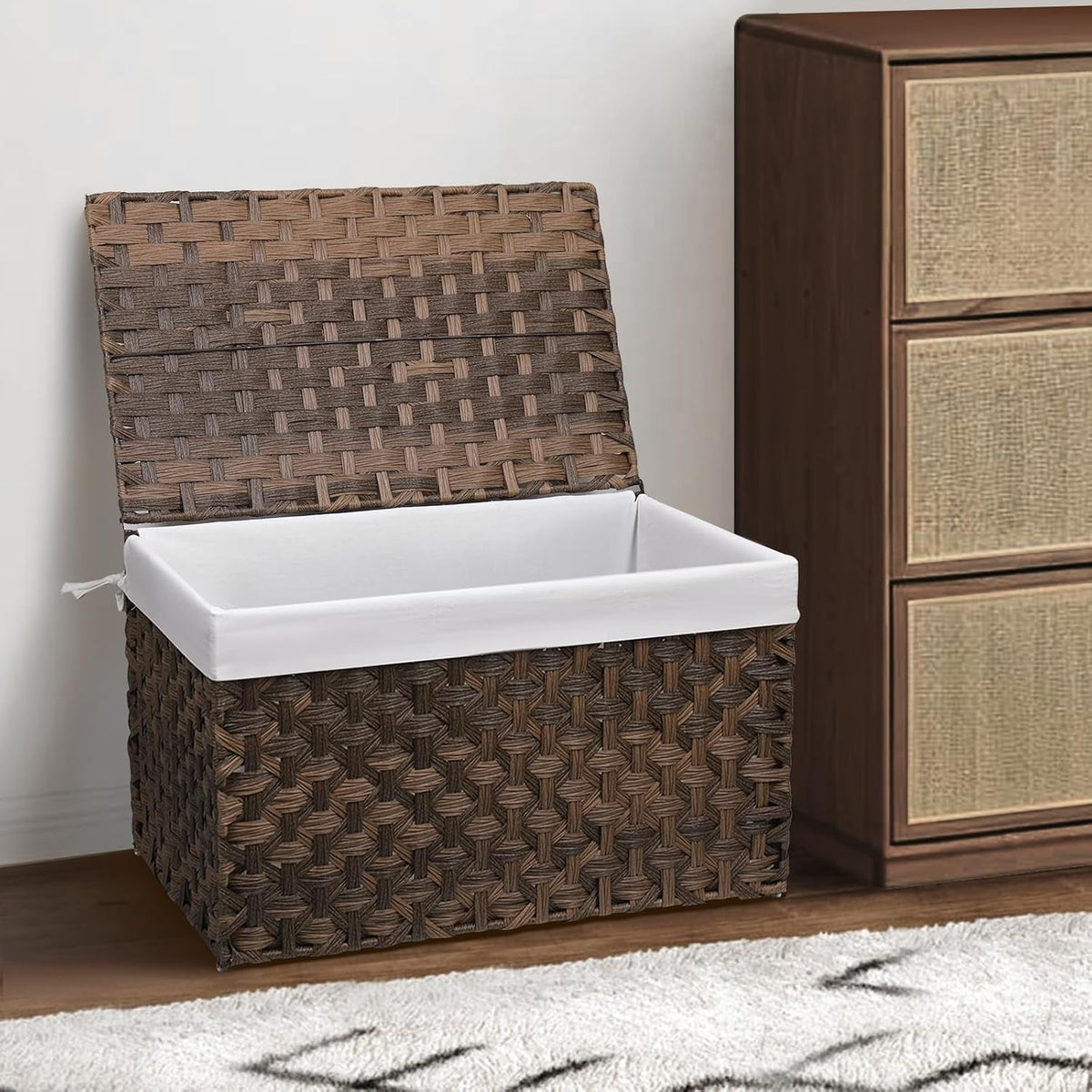 large wicker storage basket with lid, 27.7 gallon on a desk or shelf