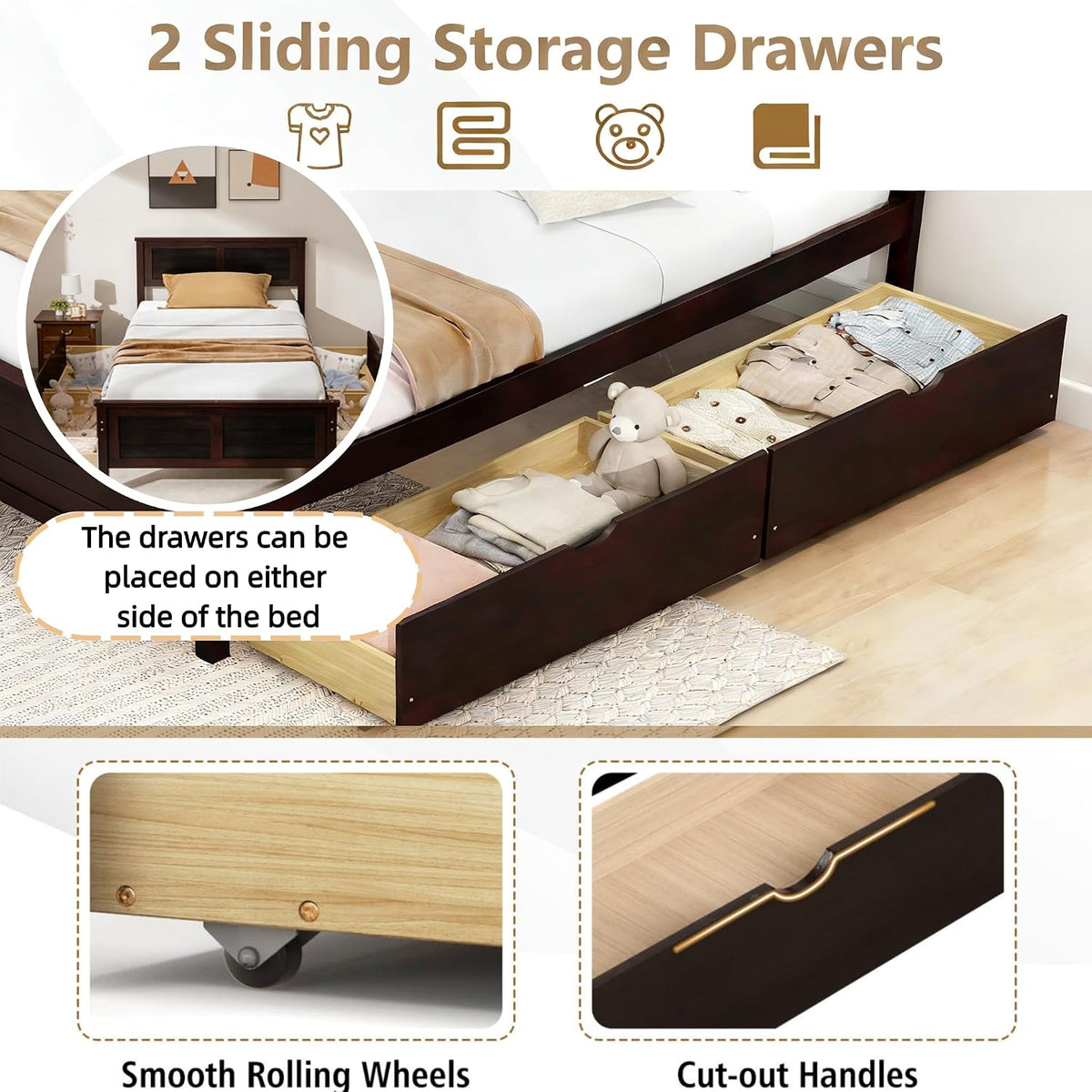 komfott full size wood bed frame with 2, package contents