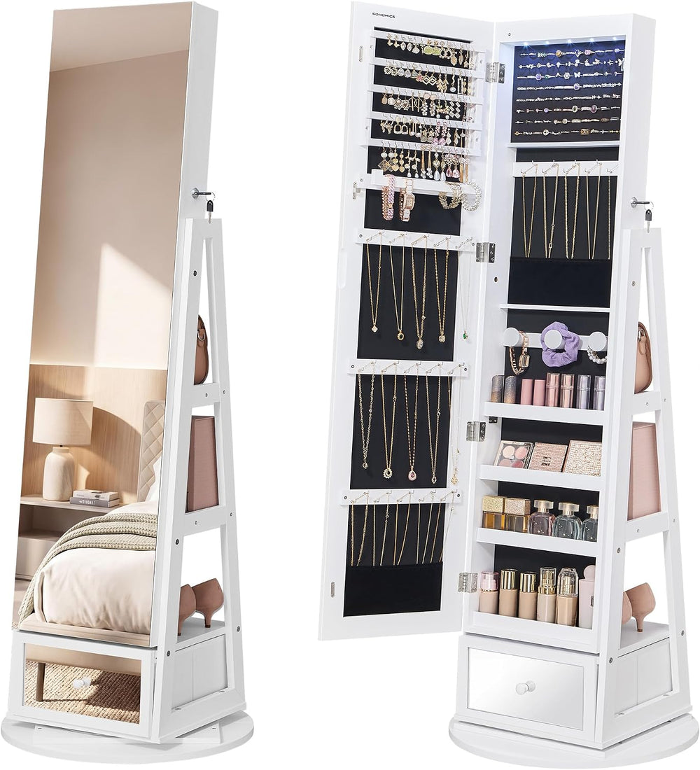 SONGMICS LED Jewelry Organizer, Full Length Mirror with Storage, Rotating