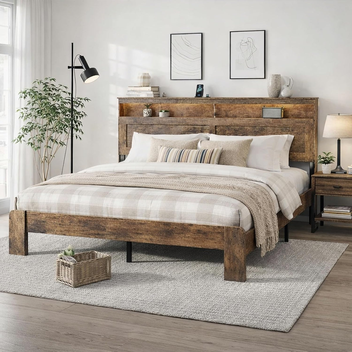 king size wooden bed frame with headboard, rustic, close-up detail