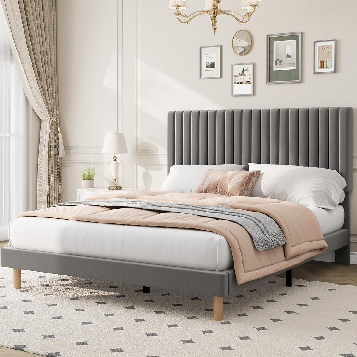 full bed frame with adjustable headboard, velvet upholstered, main product view