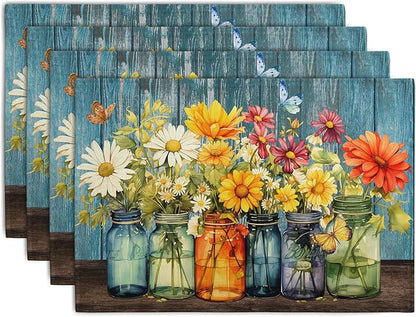 Rustic Daisy Placemats Set of 4 Vintage Flower Vases Wood Grain Linen Table by Wnoesat