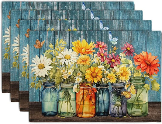 Rustic Daisy Placemats Set of 4 Vintage Flower Vases Wood Grain Linen Table by Wnoesat