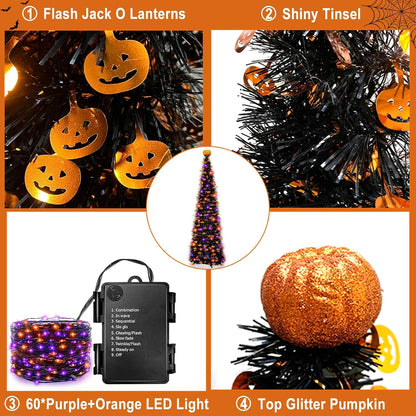 6 Ft Black Tinsel Halloween Tree with Lights Halloween Decorations