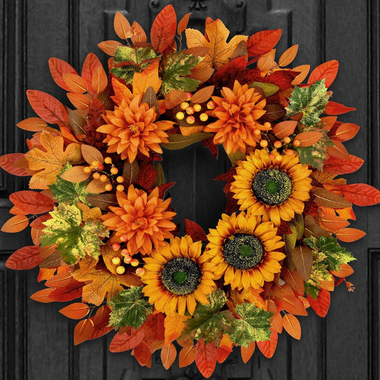 Waipfaru Fall Wreaths for Front Door,22 inch Autumn Sunflower Wreath,Fall Indoor Outdoor Decor with Maple Leaf,Thanksgiving Halloween Decorations for Home, Porch Decor