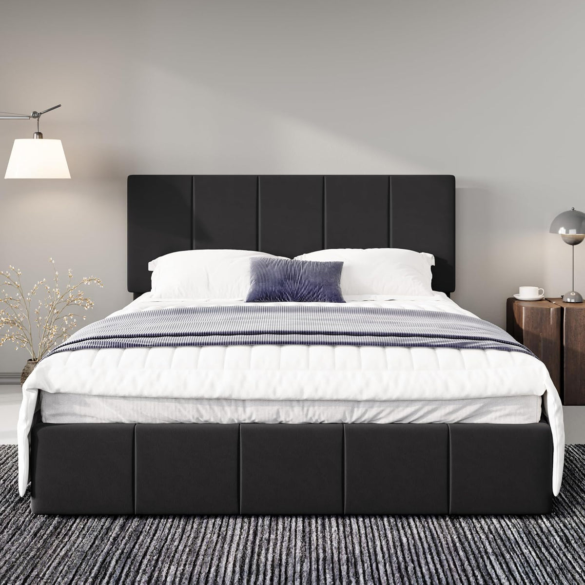 allewie queen size dutch velvet upholstered platform bed on a desk or shelf