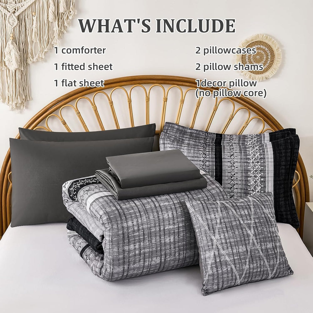 Dintszyayue Black Comforter Set King Size, 8 Pieces Boho Striped Bed in a Bag...