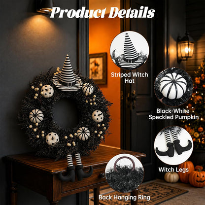 26" Halloween Wreath for Front Door with Hat, Legs, Pumpkins