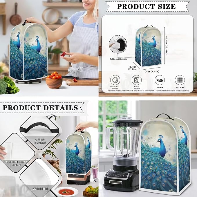 Blue Peacock Print Appliance Covers Set Washable Kitchen Blender Dust Cover - Image 3