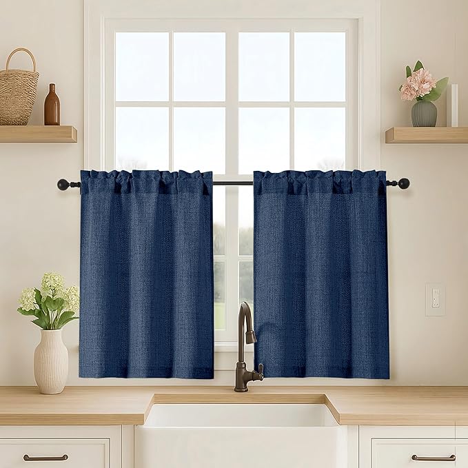 OVZME Navy Blue Cafe Curtains 30 Inch Length, Light Filtering Faux Linen by OVZME