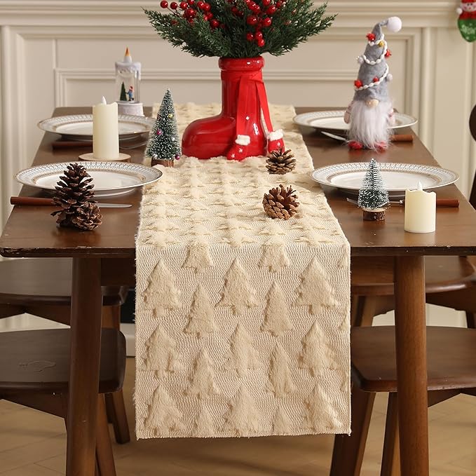 Christmas Tbale Runner 13x36 Inch Soft Plush Faux Fur Jacquard Beige Big Small - Image 2