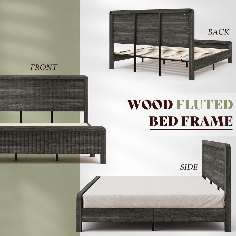 AMERLIFE Wood King Size Bed Frame with Fluted Headboard & Footboard, Black