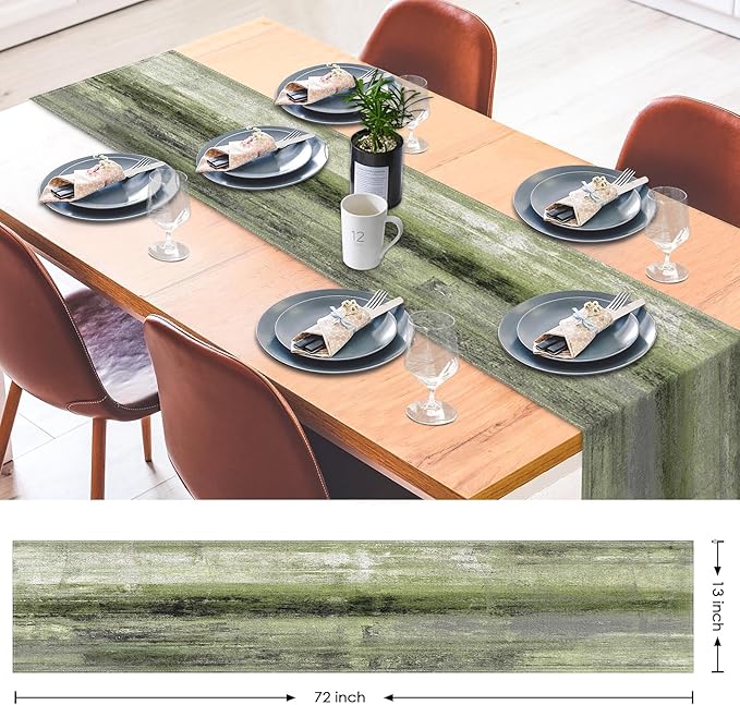 Emvency Farmhouse Table Runner, Vintage Olive Green and Grey Abstract Art - Image 3