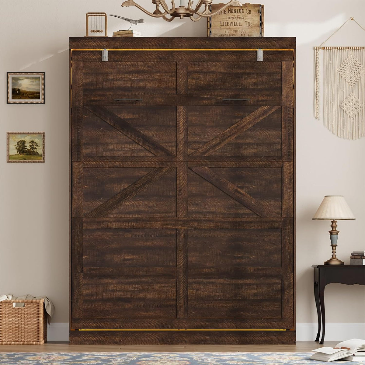 hlivelood queen size murphy bed with 2 led, front angle view