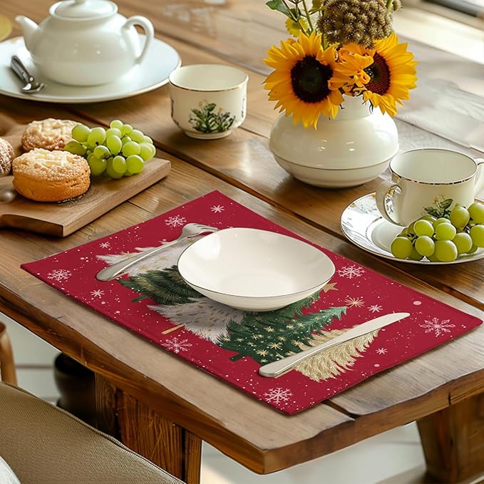 Red Christmas Tree Placemats Set of 4, 12x18 Inch Xmas Trees Snowflakes Winter - Image 6