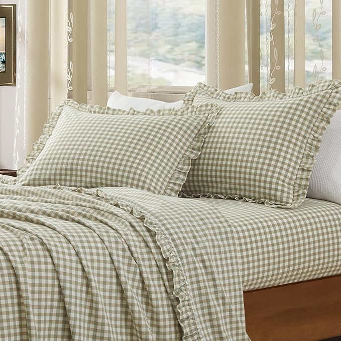 KKJIAF 2 Pcs Plaid Ruffle Pillow Case King Size, Cotton Gingham Ruffled Euro - Image 3
