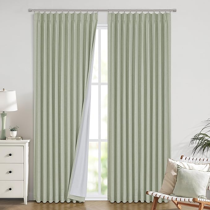 Vision Home Soft Green Pinch Pleated Full Blackout Curtains Linen Blended Room - Image 2