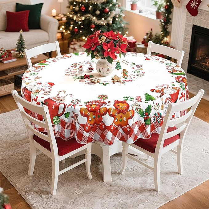 Christmas Gingerbread Tablecloth Waterproof, Candy Cane Table Cloth Round - Image 4