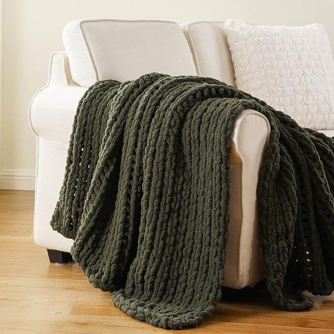 Battilo Olive Green Chunky Knit Throw Blanket, Soft and Thick Green Chenille by Battilo