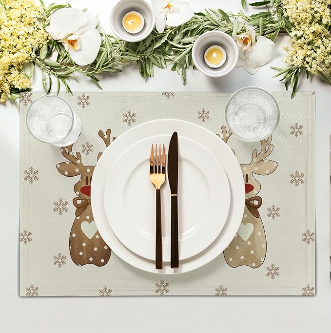Christmas Reindeer Snowflakes Placemats Set of 4 Xmas Cute Elk Deer Place Mats - Image 3
