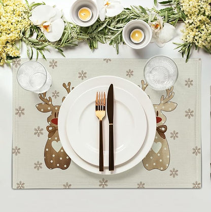 Christmas Reindeer Snowflakes Placemats Set of 4 Xmas Cute Elk Deer Place Mats - Image 3