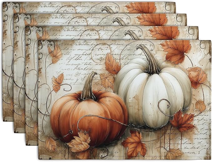 Fall Vintage Pumpkin Leaves Placemats Set of 4 Autumn Thanksgiving Harvest by Wnoesat