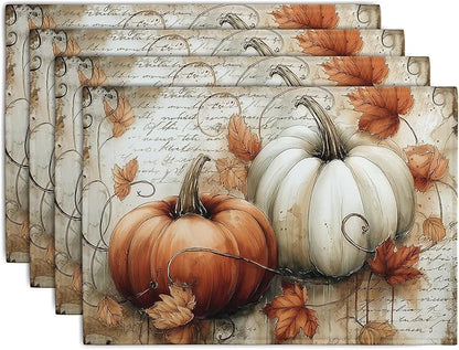 Fall Vintage Pumpkin Leaves Placemats Set of 4 Autumn Thanksgiving Harvest by Wnoesat