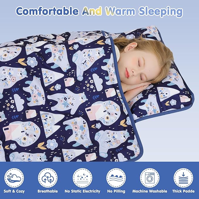 Viviland Toddler Kid Nap Mat for Preschool, Girls Deep Blue Bear Slumber Bag - Image 6