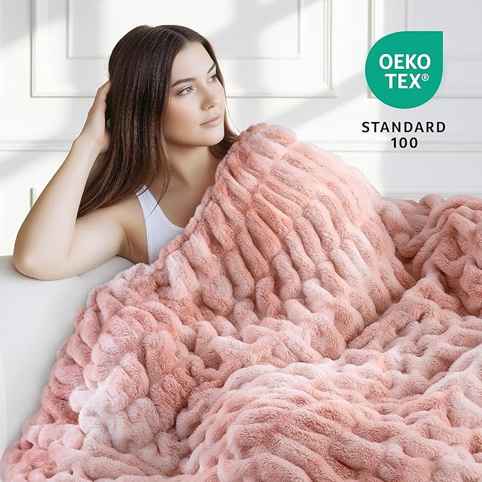 Ultra Soft Cozy Faux Fur Throw Blanket, Fuzzy Plush Thick Bubble Blanket - Image 3