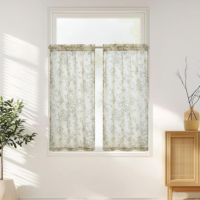 jinchan Floral Linen Tier Curtains 45 Inch Christmas Decorations Farmhouse - Image 2