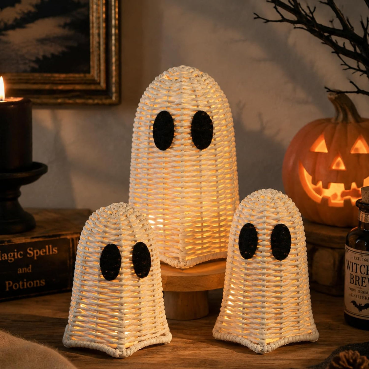 Geelin White 3 Pcs Halloween Rattan Wicker Ghosts Decoration Cute Farmhouse Ghost Figurines for Table Tray Shelf Desk Tiered Tray Centerpieces Indoor Tabletop Halloween Decor