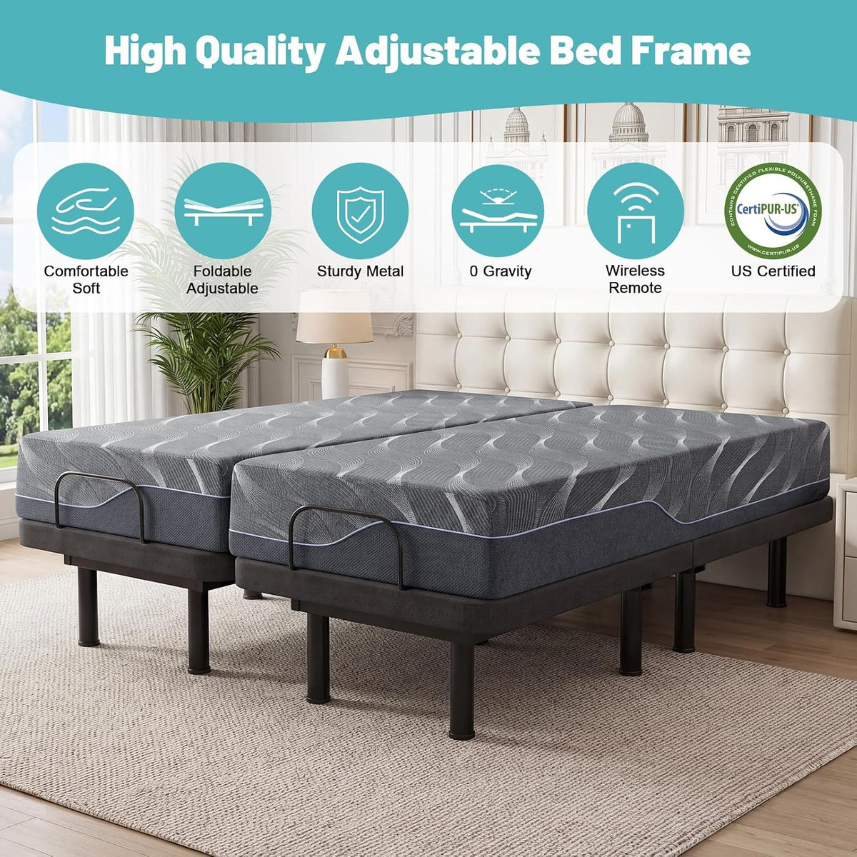 premium split king adjustable bed frame with 12", close-up detail