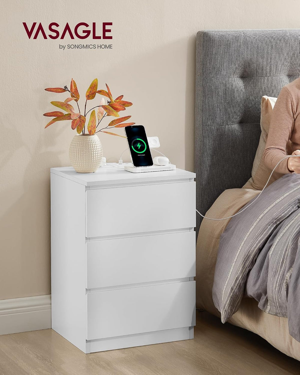 VASAGLE Nightstand with Charging Station, 3 Drawers