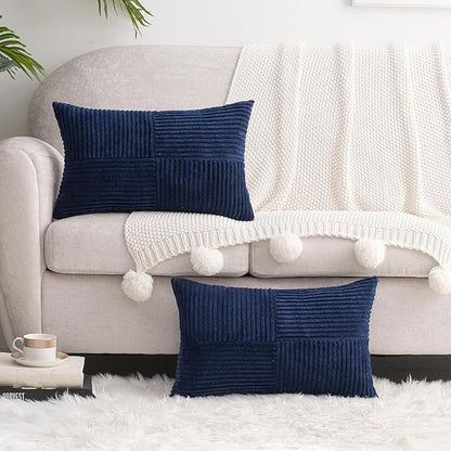 HWY 50 Navy Blue Corduroy Patchwork Throw Pillow Covers 12x20 Inch Rectangle - Image 6