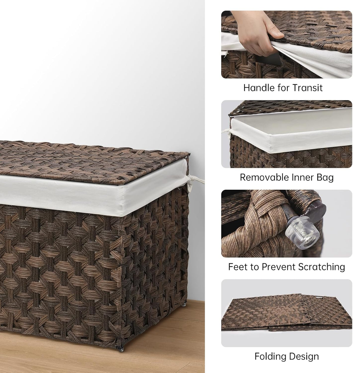 large wicker storage basket with lid, 27.7 gallon, side view