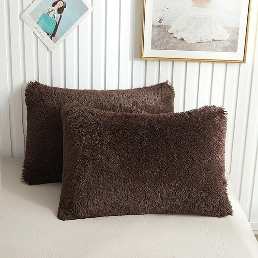 XeGe Faux Fur Brown Pillow Cases, Plush Shaggy Ultra Soft Fluffy Velvet by XeGe