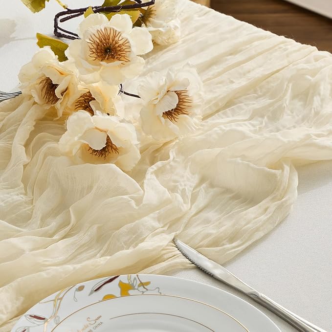 BALCONY & FALCON Beige Cheesecloth Table Runner 10FT 120 Inch Rustic & Boho by BALCONYFALCON