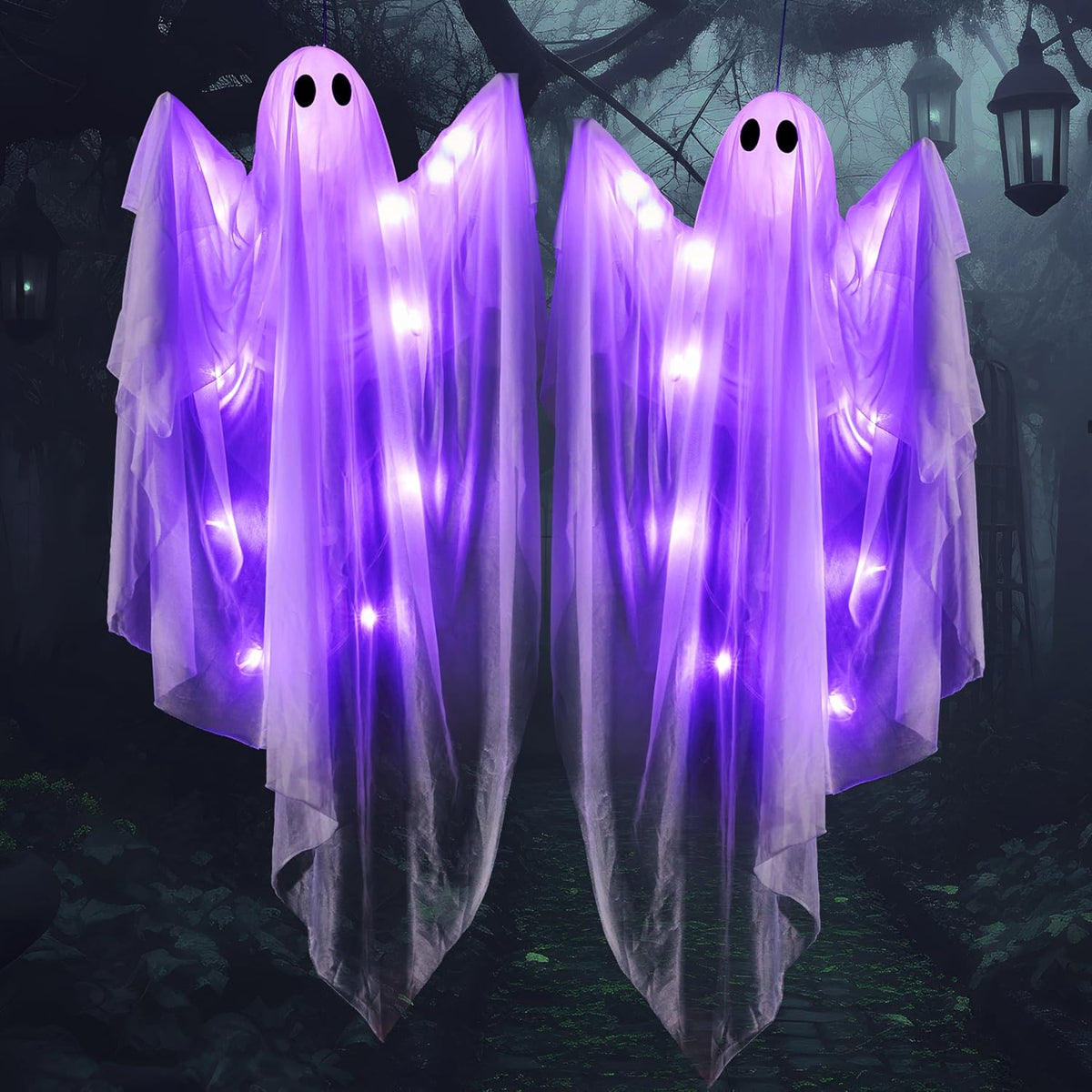 JOYIN 2 Pcs 47” Halloween Hanging Light up Ghost Decorations Outdoor, Halloween White Hanging Ghosts with Purple LED Lights for Haunted House Prop, Party Supplies, Front Yard Patio Garden Decor