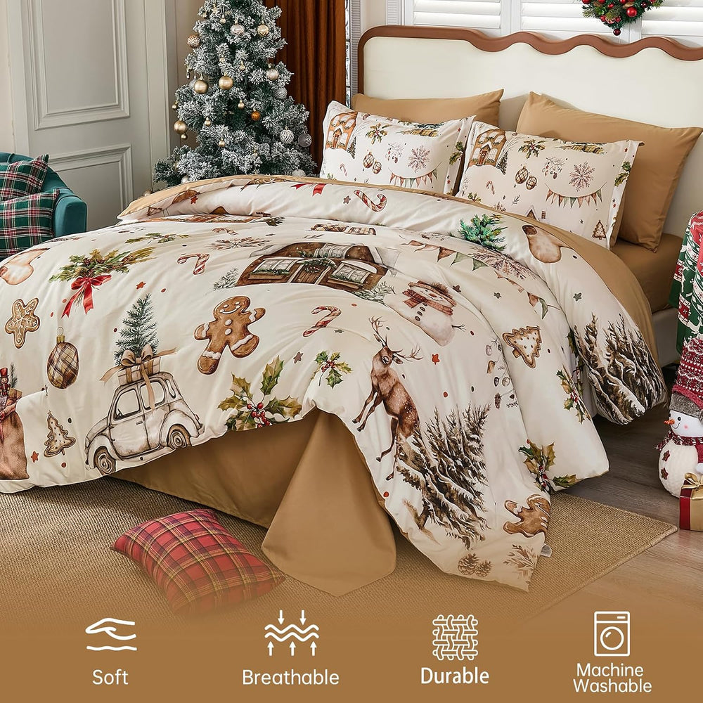 Luxudecor Christmas Comforter Set Queen Size 7 Pieces, Beige Farmhouse Bed in...