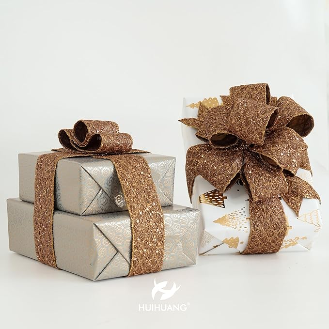HUIHUANG Glitter Copper Wired Ribbon 2.5 inch Copper Diamond Mesh Wire Edge - Image 3